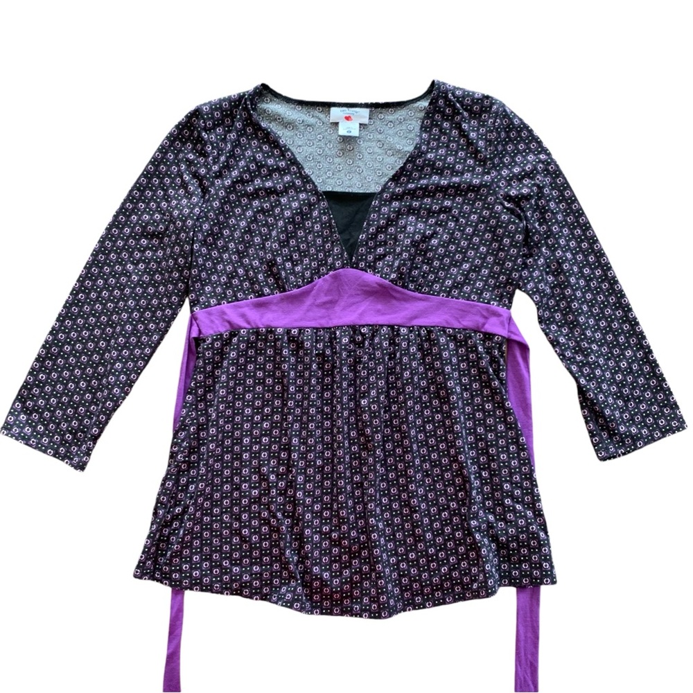 Two Hearts Maternity Purple & Black V-Neck Long Sleeve Top – Women’s Small Tie